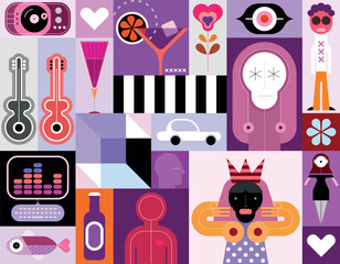Artistic collage of many different avatars, objects and abstract shapes, set of vector design elements. Each one of the design element created on a separate layer and can be used as a standalone image - 750398584