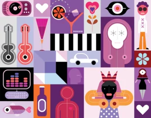 Fotobehang Abstracte kunst Artistic collage of many different avatars, objects and abstract shapes, set of vector design elements. Each one of the design element created on a separate layer and can be used as a standalone image
