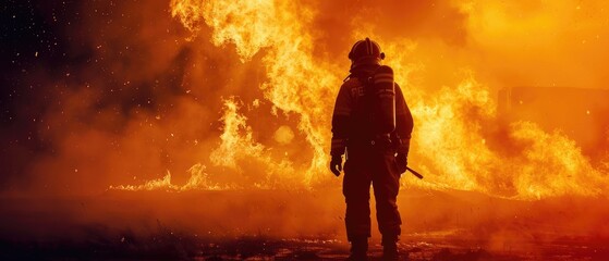 A powerful image of a firefighter advancing towards a massive fire, symbolizing confrontation and preparedness