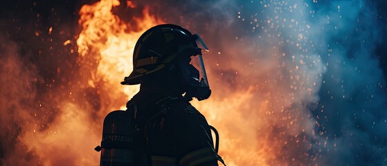 A heroic silhouette of a firefighter equipped with gear against a dramatic backdrop of raging fire and flying sparks - obrazy, fototapety, plakaty