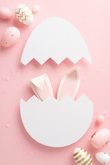 Hello glam Easter idea concept. Top view vertical photo of eggs, confetti and bunny ears, peeking...
