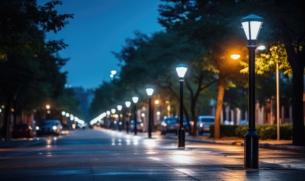 an energy-efficient LED streetlight illuminating a dark street 