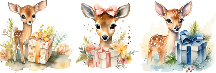 Watercolor deer clipart with gift and flowers
