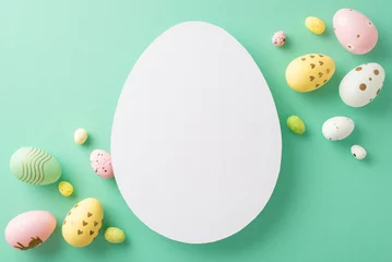 Washable wall murals Height scale Easter conceptual arrangement: Overhead perspective of vivid eggs on a turquoise base, plus an egg-shaped hollow for annotations or commercials