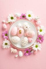 Stylish Easter brunch layout. Overview vertical snapshot of setting, plate with eggs, surrounded by mini bunnies, flowers, and confetti strewn over a pink backdrop