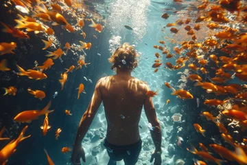 Photo sur Plexiglas Récifs coralliens Caucasian man in a mask swims on a coral reef