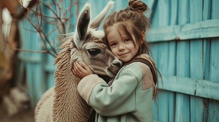 Little girl embraces a llama on a farm, against a blue wooden wall, capturing the innocence and joy of farm life