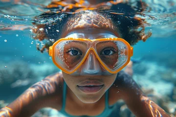 Fotobehang African girl in a mask swims on a coral reef © sofiko14