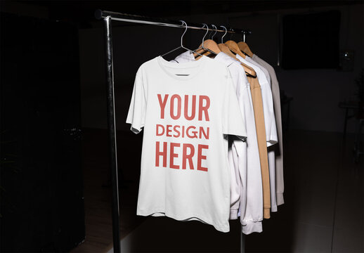 Mockup of customizable clothes on rail, camera flash