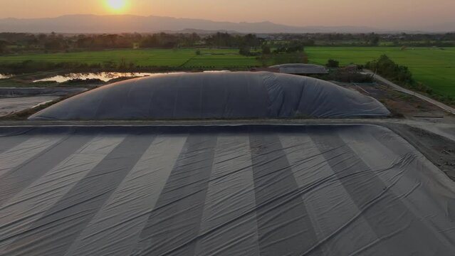 Covered lagoon digester for biogas production from poultry farm.