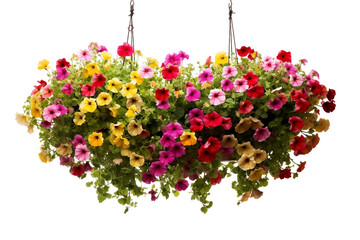 Overflowing blooms adorn hanging baskets with charm. - obrazy, fototapety, plakaty