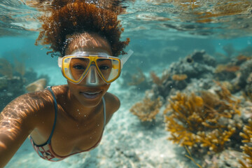 African girl in a mask swims on a coral reef