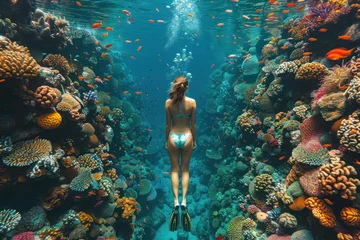 Rolgordijnen Caucasian girl in a mask swims on a coral reef © sofiko14