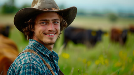 portrait of a farmer with cattles in the background, standing on a pasture - obrazy, fototapety, plakaty