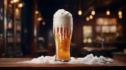 Refreshing lager beer poured into glass with frothy head, bubbling brewer process in a pub setting - obrazy, fototapety, plakaty