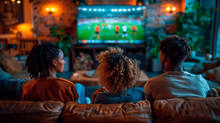 friends looking a soccer game together on the tv screen