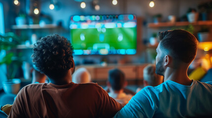 friends looking a soccer game together on the tv screen