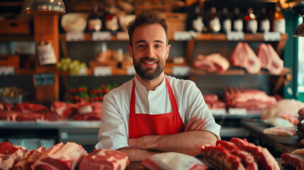 butcher selling meat at the meat counter - obrazy, fototapety, plakaty