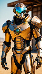 photo of steampunk armor man in apocalyptic world, generative AI