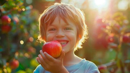 Little cute boy with an delicious fresh apple - obrazy, fototapety, plakaty
