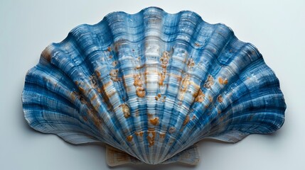 On a white background, a blue sea shell can be seen