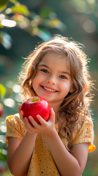 Little cute girl with an delicious fresh apple