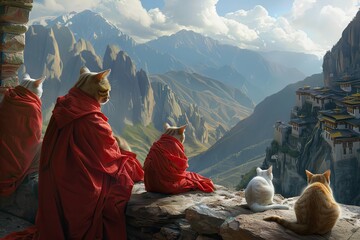 Buddhist Monks Cats in red robes praying in mountain temple, Tibetan religious cats - obrazy, fototapety, plakaty