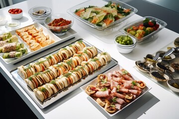 Breakfast at Hotel, Conference Buffet with Sandwiches, Canepes, Sausage Slices, a Set Table