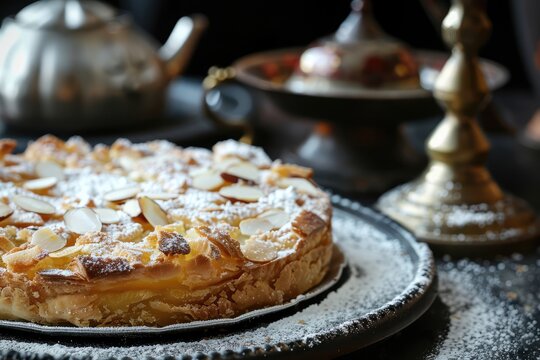 B'stilla or Bastilla, a Savory Moroccan Chicken Pie, Pastilla Pigeon Pie Topped with Almonds and Powdered Sugar