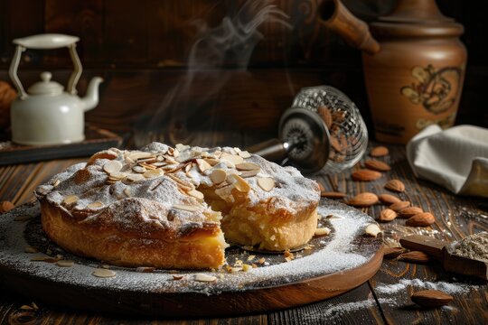 B'stilla or Bastilla, a Savory Moroccan Chicken Pie, Pastilla Pigeon Pie Topped with Almonds and Powdered Sugar