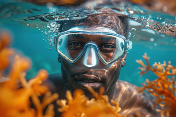 African man in a mask swims on a coral reef