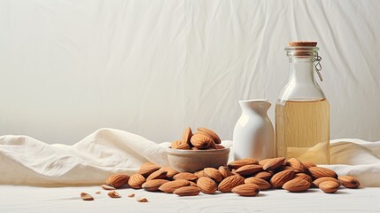 A glass bottle of almond oil and almonds on the table. Cosmetic oil for skin care.