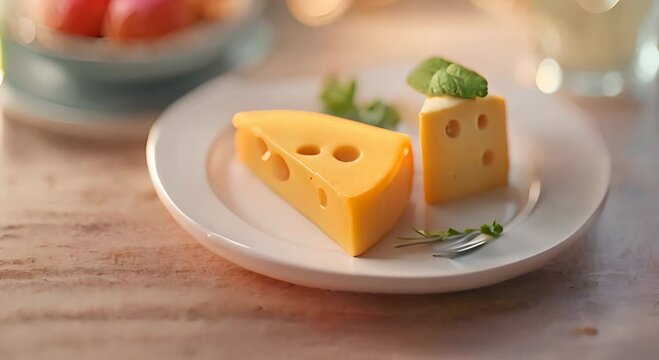Two Slices of Emmental Cheese on a White Plate