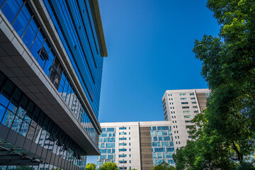 Close-up of a modern business city building looking up