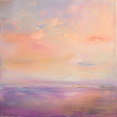 Beautiful seascape with pink sky and sea. Digital painting.