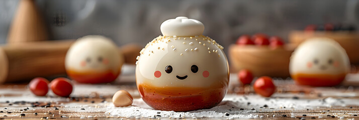 An endearing 3D cartoon render of a red bean bun with a chef's hat, holding a rolling pin.
