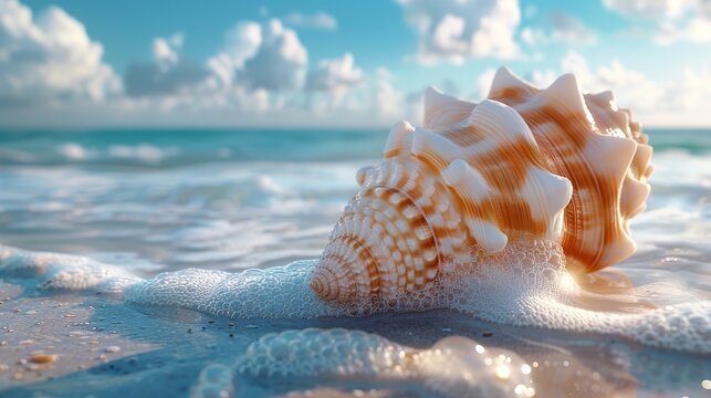 The background of the image shows a blue sky and a sea shell.