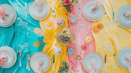 Elegantly set wedding table adorned with colorful dishware and vibrant flowers, captured from a top...