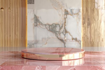 marble Podium stand studio room luxury gold color background 3d pedestal platform background. Premium rose gold golden light scene luxurious  style floor stage modern mockup base. with a vase tree