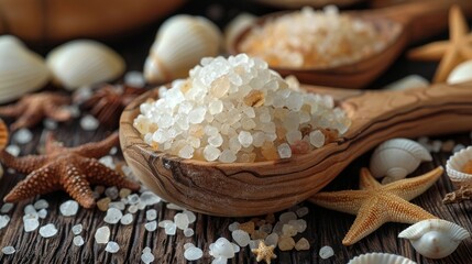 Fototapeta na wymiar With seashells, starfish, and sea salt crystals in a wooden spoon