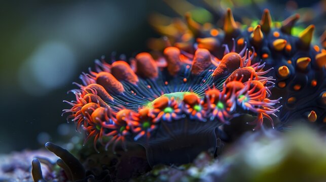 In this macro photograph, you can see a bright red and black Coralpolyp called Blastomussa. The green center is where its mouth can be seen.