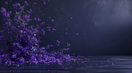 Purple blossom in front of purple wall, minimalistic design.. Love celebration, birthday, wedding,...