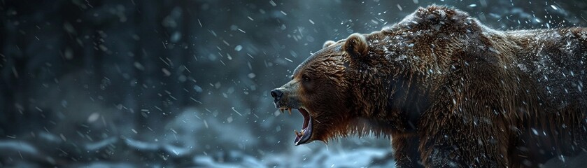 Dynamic angle capturing the bears roar a call that echoes across the frozen valleys - obrazy, fototapety, plakaty