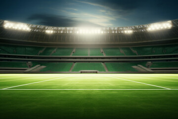 Spotlight Dreams, Empty Soccer Stadium Bathed in Night Lights
