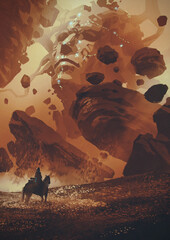man rides a horse in a land of ancient statue with technology, digital art style, illustration painting