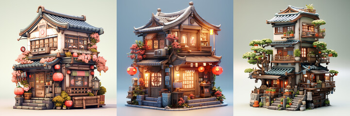Tiny chibi Japanese house cute city exterior perfect for isolated mascot