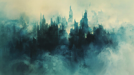 Wide shot of a city enveloped in mist watercolor blending reality with imagination - obrazy, fototapety, plakaty