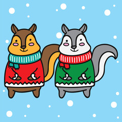 Cute winter animal couple cartoon illustration