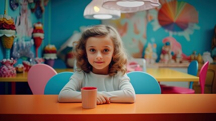 Adorable child girl seated at a table in a colorful room, playroom, kindergarten, or daycare,...