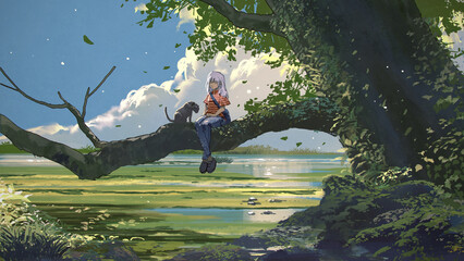 girl sits in a branch of tree with a cat during the daytime., digital art style, illustration painting